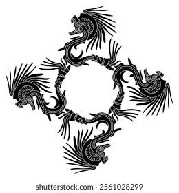 Geometrical ornament or frame with Feathered Serpent of Aztec Indians. Quetzalcoatl symbol. Indigenous Native American design. Black and white silhouette.