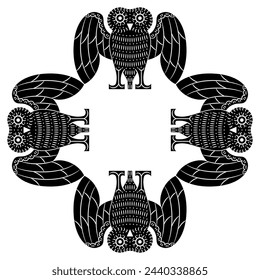 Geometrical ornament or frame with four stylized owls with open wings. Ancient Greek vase painting style. Animal design. Black and white silhouette.