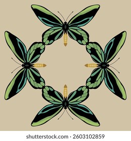Geometrical ornament or frame with four tropical butterflies with black and green wings. Ornithoptera alexandrae. Queen Alexandra's birdwing. Insect from Papua New Guinea. 