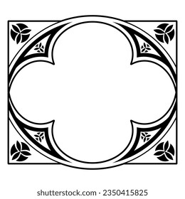 Geometrical ornament or frame with Gothic motifs. Black and white silhouette.