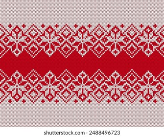 Geometrical ornament on knit seamless pattern. Fair isle traditional Xmas print. Christmas red knitted texture with snowflakes border. Holiday background. Festive sweater. Vector illustration.