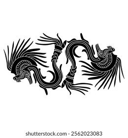 Geometrical ornament with two Feathered Serpents of Aztec Indians. Quetzalcoatl symbol. Indigenous Native American design. Black and white silhouette.