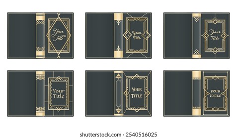 Geometrical ornamental book cover design set. Gold embossing on a leather covers isolated vector illustration