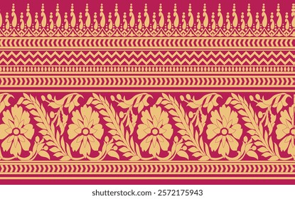 Geometrical Ornamental textile borders with embroidered-style accents for wallpapers, gift wraps, and diverse uses.