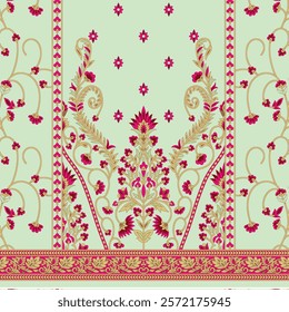 Geometrical Ornamental textile borders with embroidered-style accents for wallpapers, gift wraps, and diverse uses.