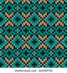 Geometrical ornate knitted seamless vector pattern as a fabric texture in turquoise, green and beige hues