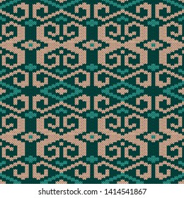 Geometrical ornate seamless knitted vector pattern as a fabric texture in turquoise and beige colors