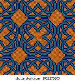 Geometrical ornate seamless knitted vector pattern as a fabric texture in turquoise, orange and blue colors