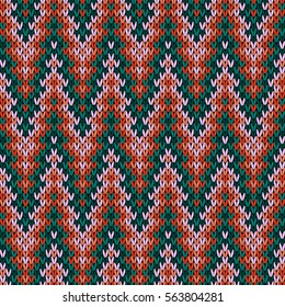 Geometrical ornate zigzag knitted seamless vector pattern as a fabric texture in turquoise, orange, green and pink colors