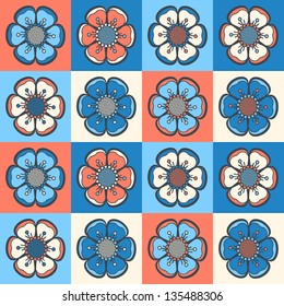 Geometrical pattern with abstract flowers in blue and pink color, seamless vector background. For fashion textile, cloth, backgrounds.