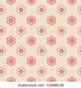 Geometrical pattern with abstract flowers in green and purple color, seamless vector background. For fashion textile, cloth, backgrounds.