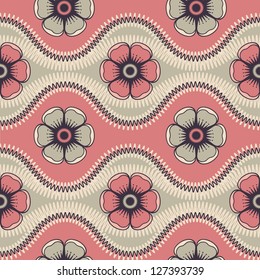 Geometrical pattern with abstract flowers in retro colors, seamless vector background. For fashion textile, cloth, backgrounds.