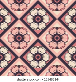 Geometrical pattern with abstract flowers in soft pink color, seamless vector background. For fashion textile, cloth, backgrounds.