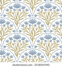 Geometrical pattern in art deco style with abstract blue flowers. Scallop pattern illustration. Elegant design.