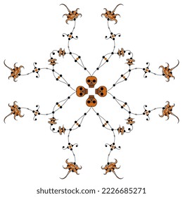 Geometrical pattern with beautiful vines sprouting from human skulls. Symbol of life, death and resurrection. Halloween design.  Dia de los muertos.