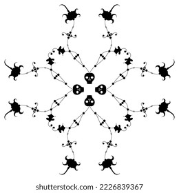 Geometrical pattern with beautiful vines sprouting from human skulls. Symbol of life, death and resurrection. Halloween design.  Dia de los muertos. Black and white silhouette.