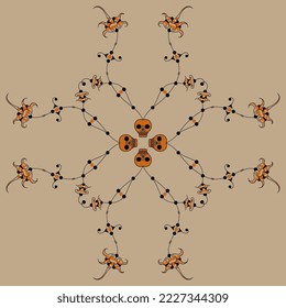 Geometrical pattern with beautiful vines sprouting from human skulls. Symbol of life, death and resurrection. Halloween design.  Dia de los muertos.