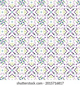 Geometrisches Muster auf schwarz, violett, grün, gelb und blau auf weißem Hintergrund.
