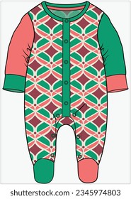 GEOMETRICAL PATTERN COLOR BLOCK JUMPSUIT, PLAYSUIT, ROMPER, ONESIES DESIGN FOR BABIES, INFANT GIRL AND TODDLER GIRLS IN VECTOR ILLUSTRATION