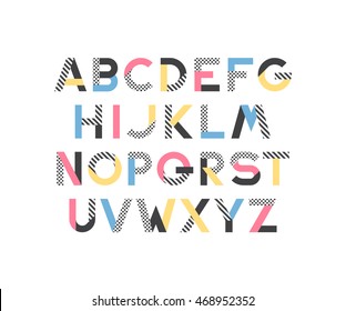 Geometrical pattern and color blocks' latin font, pop art graphical decorative type. 