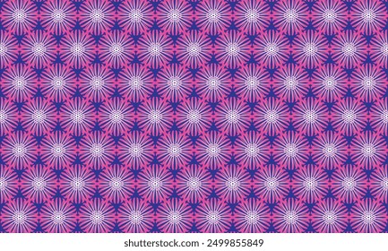 Geometrical pattern design. Abstract fabrics texture. Pink flowers motif in dark blue background.