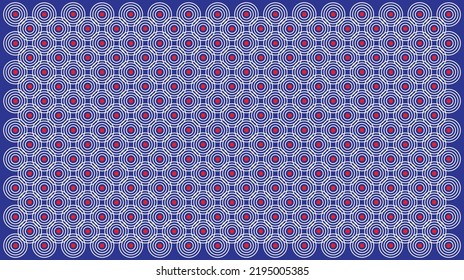 Diseño de patrones geométricos en color de fondo azul. Círculo con punto rojo en el centro.