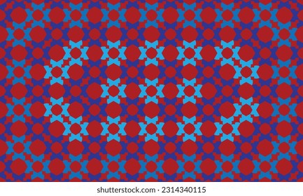 Diseño de patrones geométricos en fondo azul y rojo.