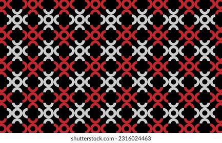Diseño de patrones geométricos en fondo rojo, blanco y negro.