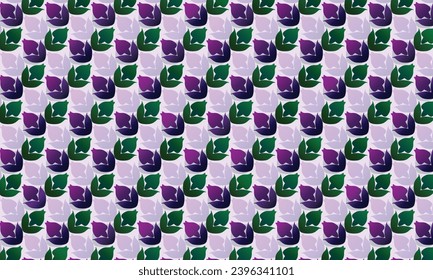 Diseño de flores de patrón geométrico en fondo morado y verde.