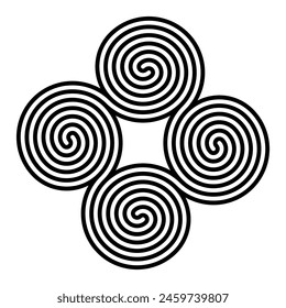 Geometrical pattern of four conjoined spirals. Tetraskelion or tetraskele, an ancient quadruple spiral symbol. Seamlessly connected double-armed Archimedean spirals exhibiting rotational symmetry.