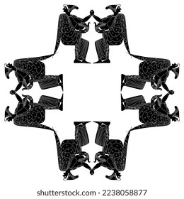 Geometrical pattern or frame with seated ancient Greek goddesses or women holding birds. Black and white negative silhouette.