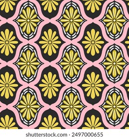 Geometrisches Muster mit handgezeichneten abstrakten Blumen. Damaskenstil. Druck für Grußkarte, Umschlagpapier, Textil, Tapete und Einladungshintergrund.