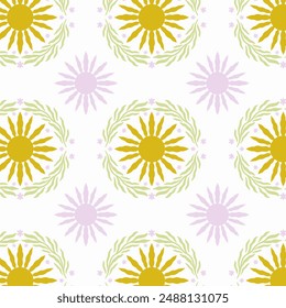Geometrical pattern with hand drawn sun shapes. Print for greeting card, wrapping paper, textile, wallpaper and invitation background.