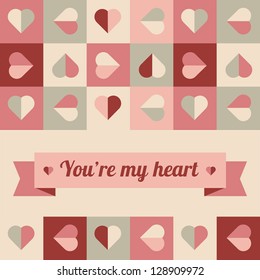 Geometrical pattern with hearts in soft colors, vector background for greeting card