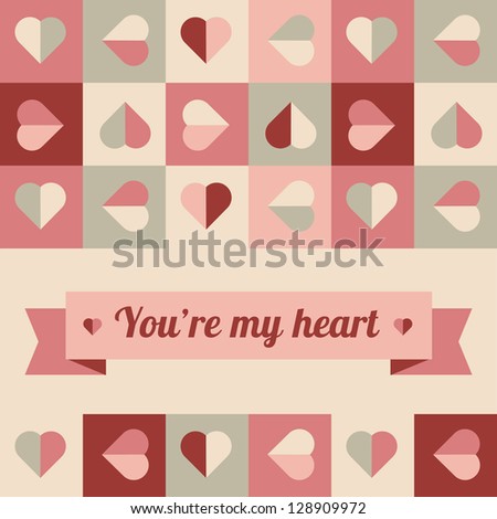 Geometrical pattern with hearts in soft colors, vector background for greeting card