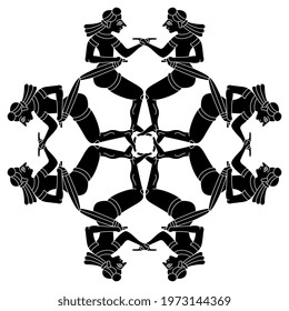 Geometrical pattern with human figures. Black and white silhouette. Antique ancient Greek style.