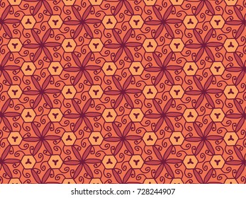 Geometrical Pattern With Organic Flowers In Orange And Maroon Color Scheme