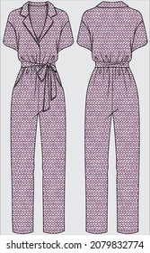 GEOMETRICAL PATTERN WOMEN AND TEEN JUMPSUIT WITH COLLAR AND SELF FABRIC BELT IN EDITABLE VECTOR FILE