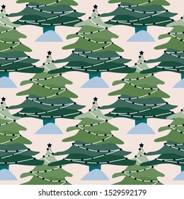 Geometrical pine trees background. Christmas winter forest landscape seamless pattern. Naive art style. Design for fabric, textile print, wrapping paper, children textile. Vector illustration