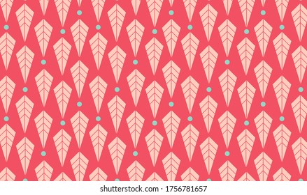 Geometrical pink leaves with turquoise dots vertical pattern. Vector repeated seamless pattern design for textile, print, paper and fashion