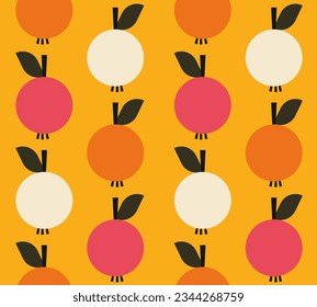 Geometrical pink orange beige apples in vertical lines on yellow