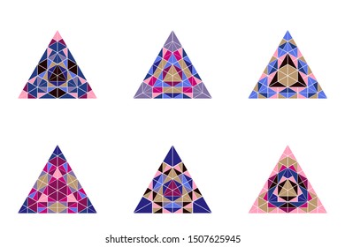Geometrical polygonal isolated triangle symbol set - abstract ornamental colorful vector graphics from triangles