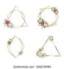 Geometrical polyhedron collection with flowers.  wedding invitation deco style design. Floral botanical flower. gold frames