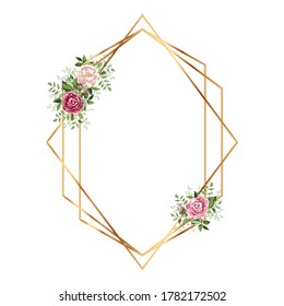 Geometrical polyhedron with flower. Floral botanical flower. Gold frame