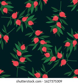 Geometrical pomegranate branch seamless pattern on black background. Hand drawn summer botanical wallpaper. Design for fabric, textile print, wrapping paper. Vector illustration