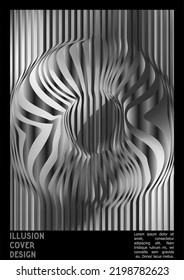 Geometrical Poster Design with Optical Illusion Effect.  Modern Psychedelic Cover Page Collection. Pastel Wave Lines Background. Fluid Stripes Art. Swiss Design. Vector Illustration for Magazine.