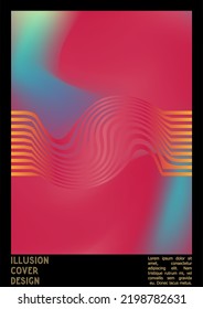 Geometrisches Poster-Design mit optischem Illusionseffekt.  Minimale Kollektion von psychedelischen Titelseiten. Farbiger Hintergrund der Wellenlinien. Fluid Stripes Art. Swiss Design. Vektorgrafik zum Bericht.