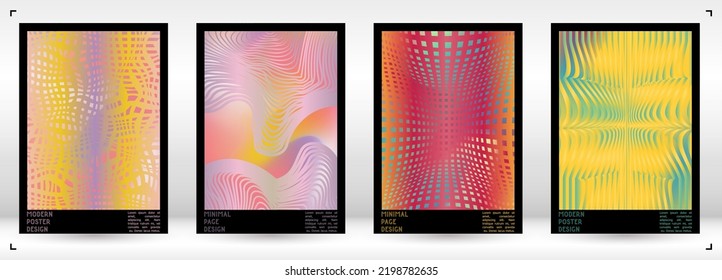 Diseño de afiches geométricos con efecto de ilusión óptica.  Colección mínima de portadas psicodélicas. Fondo de las líneas onduladas monocromáticas. Arte de Rayas Fluidas. Diseño Suizo. Ilustración vectorial para volante.