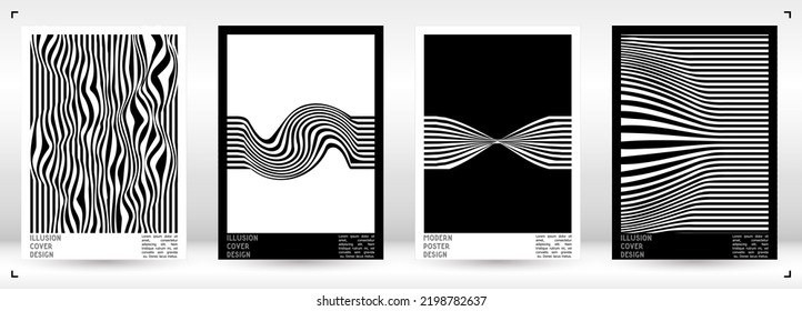 Geometrical Poster Design with Optical Illusion Effect.  Minimal Psychedelic Cover Page Collection. Monochrome Wave Lines Background. Fluid Stripes Art. Swiss Design. Vector Illustration for Placard.