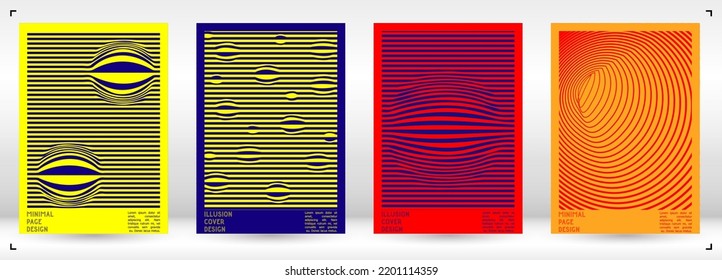 Diseño de afiches geométricos con efecto de ilusión óptica.  Colección moderna de portadas psicodélicas. Fondo De Coloridas Líneas De Onda. Arte de Rayas Fluidas. Diseño Suizo. Ilustración vectorial para folleto.